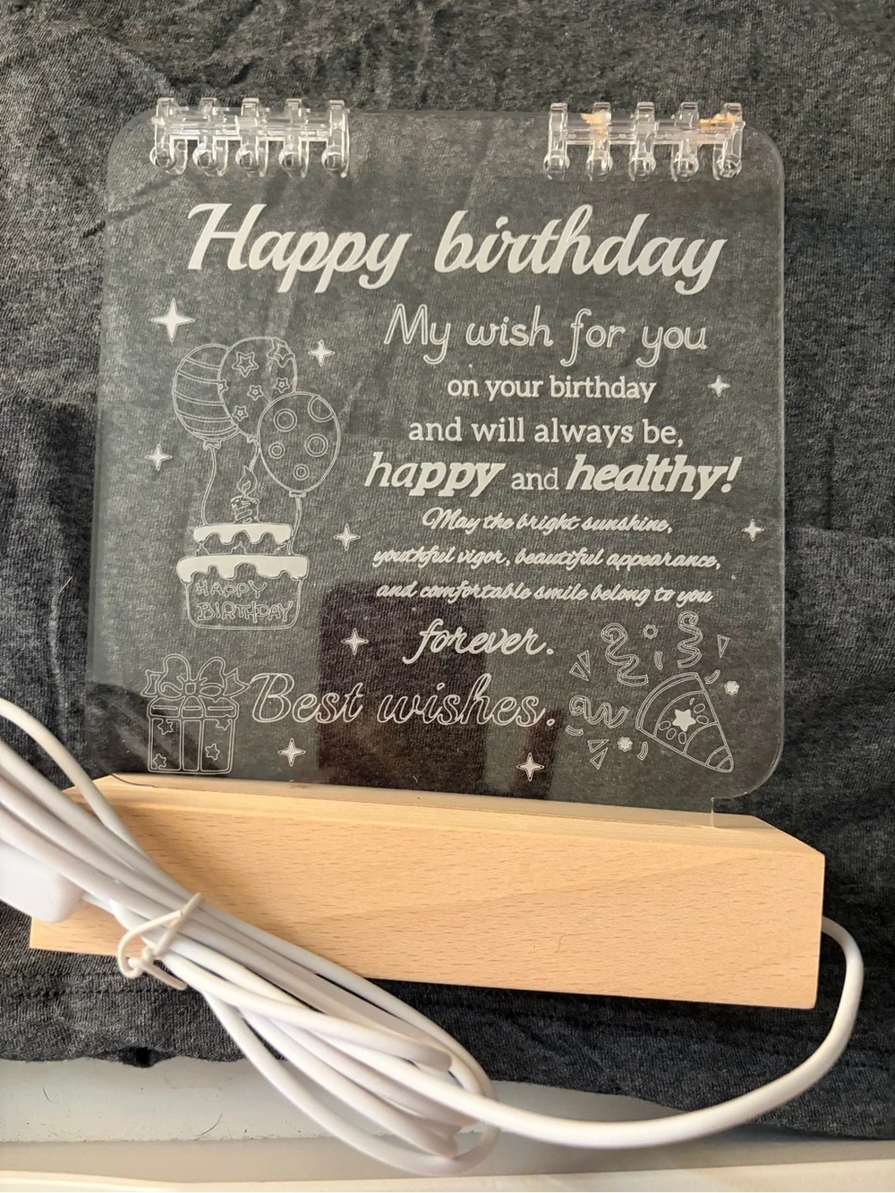 Happy Birthday LED Acrylic Light Panel with Wood Base - Clear